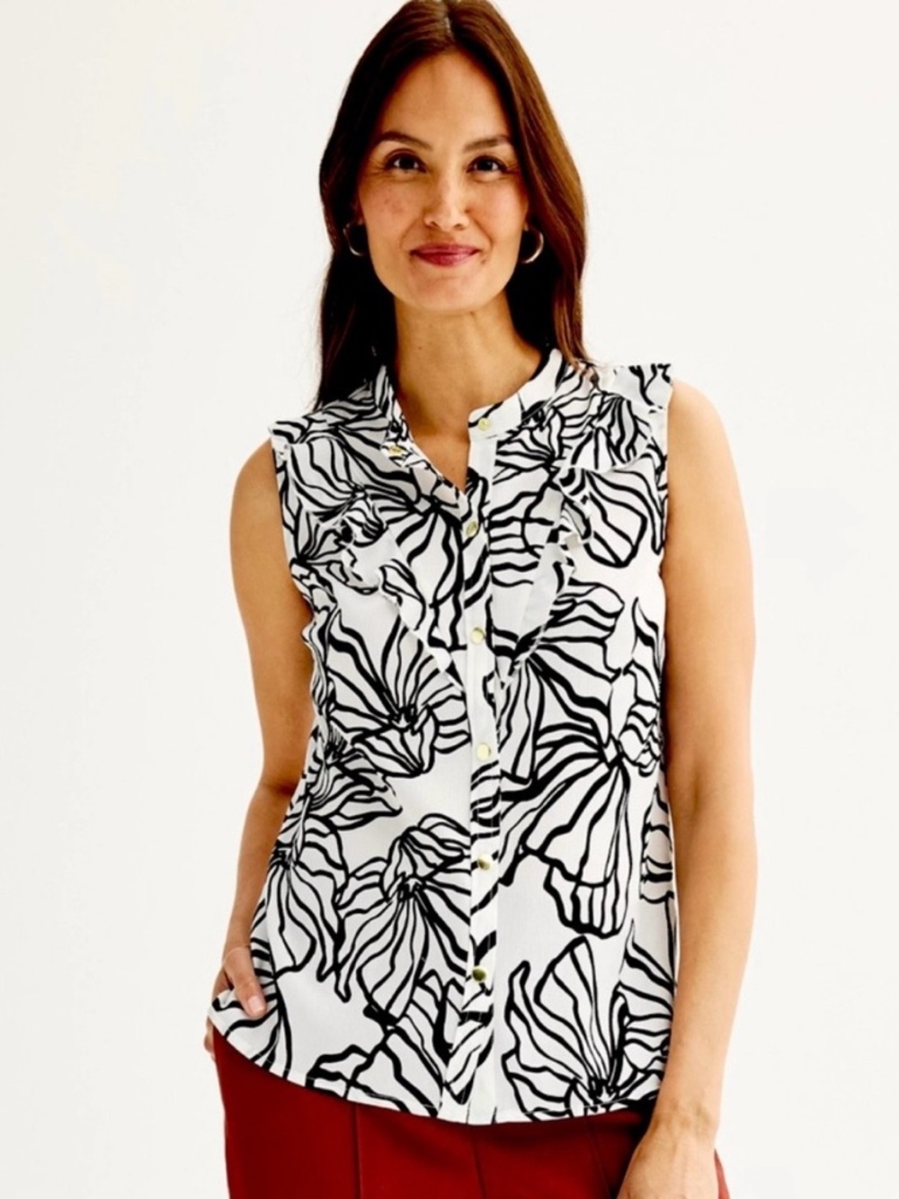 Nine West Black & White Floral Sleeveless Ruffle Trim Button Down Blouse XXL NWT